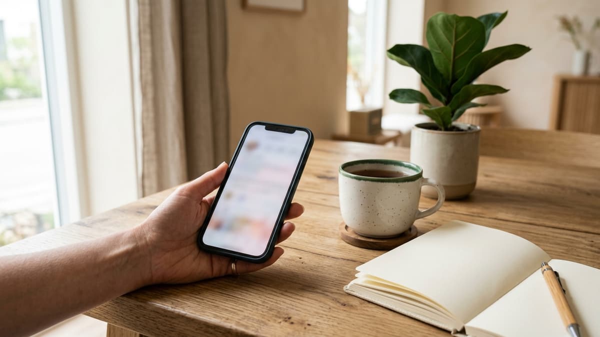 Person som bruker mobilen til å bytte fastlege, med en kopp og en notatblokk på bordet.