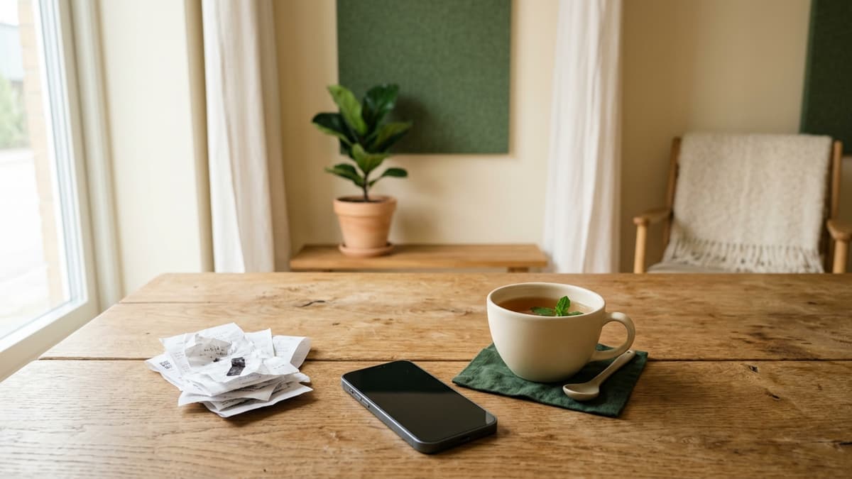 Rolig legekontor med mobiltelefon og kvitteringer på et eikebord.