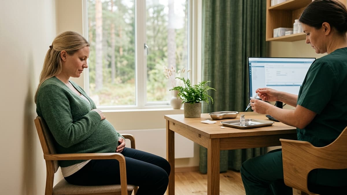 Gravid kvinne i samtale om vaksiner på en rolig legeklinikk.