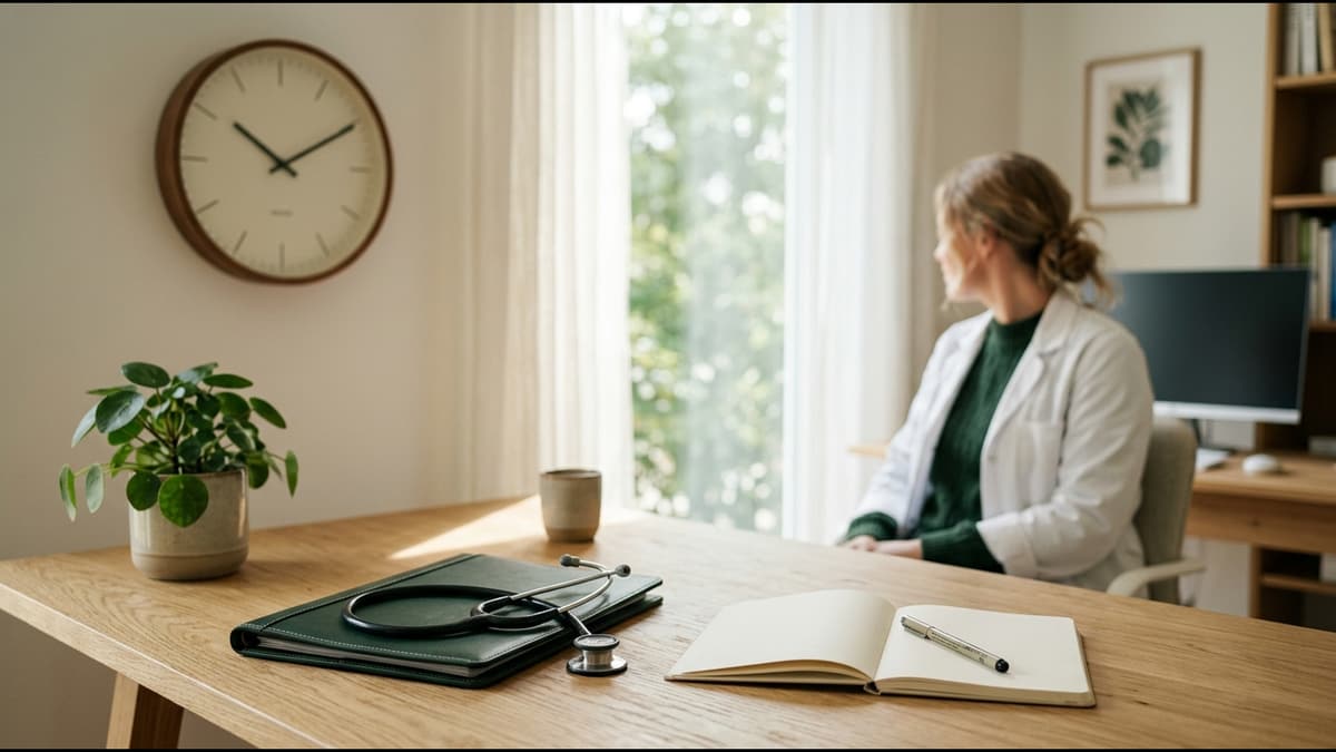 Rolig legekontor med skrivebord, veggklokke, stetoskop og notatbok, mens en lege ser ut av vinduet.